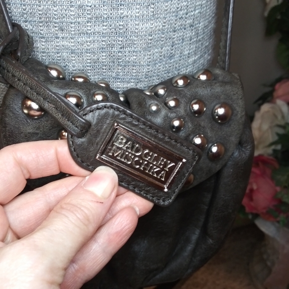 Badgley Mischka Charcoal Leather Boho/Rocker Chic Silver Studded Crossbody Purse - Picture 3 of 13